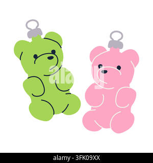 Cute pink and green teddy bear Christmas tree ornaments hand drawn vector Stock Vector
