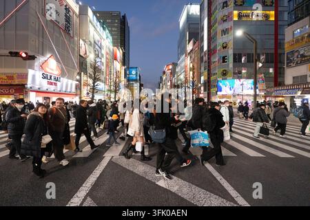 Pedestrians cross Chuo-dori street in Tokyo’s Akihabara district, a vibrant hub for shopping and entertainment. Stock Photo