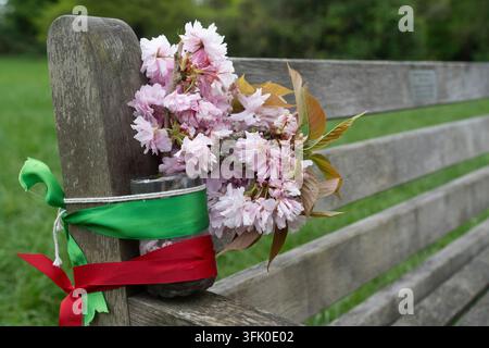 A tribute bouquet of pink cherry blossoms tied to a memorial bench in Richmond Park, London, left to remember a loved one. Stock Photo