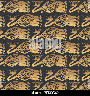 Peacock seamless decorative pattern with ornate gold feathers on a dark gray background Stock Vector