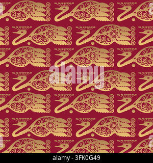 Peacock seamless decorative pattern with ornate gold feathers on a deep red background Stock Vector