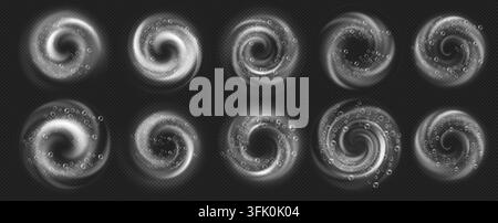 Clean white foam swirls with bubbles and spiral motion effect on transparent black background. Isolated vector illustrations for detergent design. Set of soap waves and shampoo twirls and spins. Stock Vector