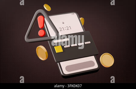 Mobile phishing alert on smartphone screen with financial warning symbol. Vector illustration with bank card and floating coins on black background. Fraud detection and payment security risks. Stock Vector