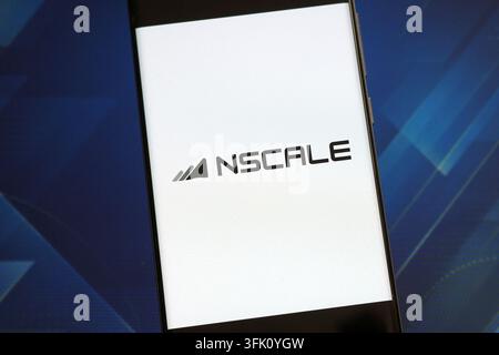 Nscale logo displayed on a smartphone screen. Nscale is a full-stack AI cloud and infrastructure company Stock Photo