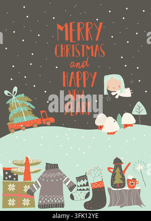 Cute Cartoon Illustration With Christmas Elements Stock Vector