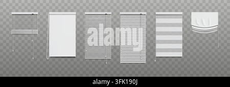 Blinds set. Open window curtain, venetian white frame or office roller for home interior. 3d horizontal room object. Horizontal roller stripes and blackout textile. Vector png isolated illustration Stock Vector