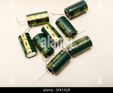 Green electrolytic capacitors on a white background. Electronic components. Charge storage devices. Stock Photo