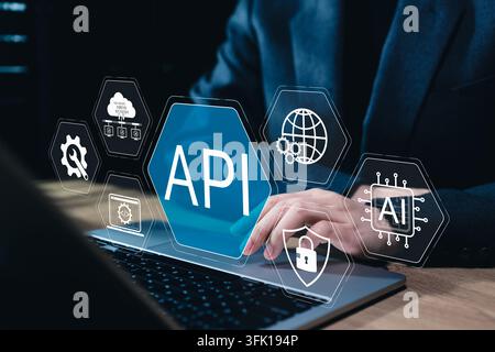 API integration technology connects software, cloud platforms, AI systems, secure networks. Professional using laptop with automation, cybersecurity, Stock Photo