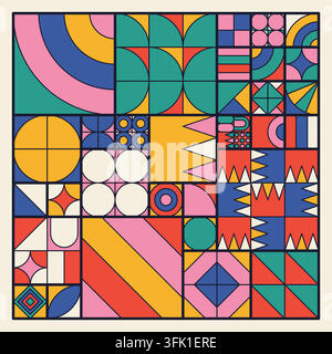 Colorful Bauhaus style geometric vector pattern background featuring abstract grid layout with circles, arches, stripes, and sharp triangles Stock Vector