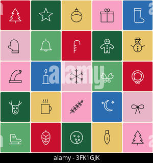 Seamless pattern of colourful rounded tiles with Christmas line icons in red, green, gold, pink and blue, like an advent calendar. Repeats endlessly f Stock Vector