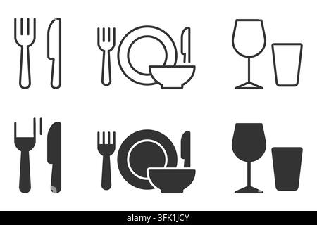 Minimalist tableware icons: utensils, plates, bowls, glasses Stock Vector