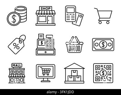 A set of icons for shopping, including a cash register, a shopping cart. Editable Stroke Stock Vector