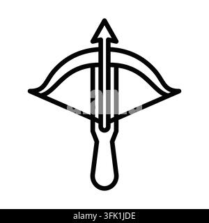 A black and white drawing of a bow and arrow. The arrow is pointing upwards and the bow is curved. Editable Stroke Stock Vector