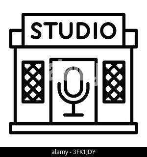 A black and white drawing of a studio with a microphone. The studio is a place for recording music or other audio. Editable Stroke Stock Vector
