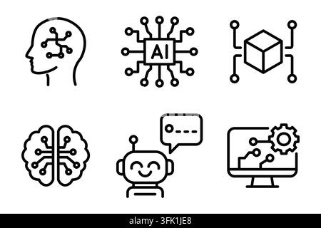 Artificial intelligence and technology icons set on neural networks and robotics. Editable stroke Stock Vector