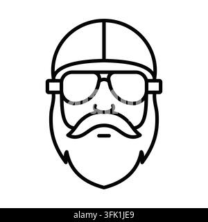 A man with a mustache and sunglasses. He is wearing a leather jacket and a helmet. He looks like a biker. Editable Stroke Stock Vector