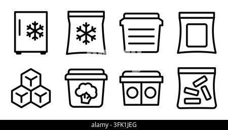 Set of line icons for freezer, storage bags, ice, containers, food preservation. Editable stroke Stock Vector