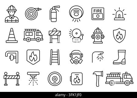 A collection of black and white icons for firefighting and emergency services. The icons include a fire hydrant, a fire truck, a fireman. vector. Edit Stock Vector
