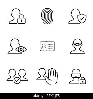 Digital security icons: fingerprint, lock, shield, and identification symbols. Editable stroke Stock Vector