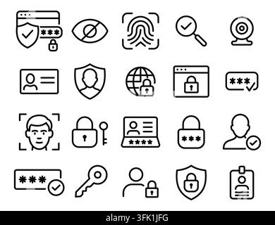 A set of icons for security and identification. The icons include a key, a camera, a person, and a globe. Vector. Editable Stroke Stock Vector