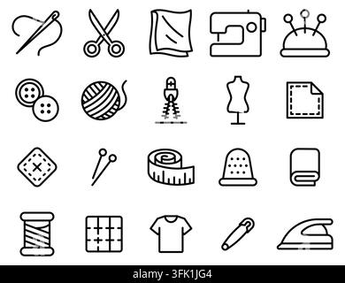 A collection of sewing and crafting tools. The image is black and white. The tools include scissors, needles, pins. Vector. Editable Stroke Stock Vector