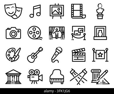 A black and white image of a camera, microphone, and other movie related icons. Concept of a movie set or a recording studio. Vector. Editable Stroke Stock Vector