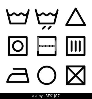 Laundry care symbols guide: washing, drying, ironing, bleaching, and dry cleaning. Editable stroke Stock Vector