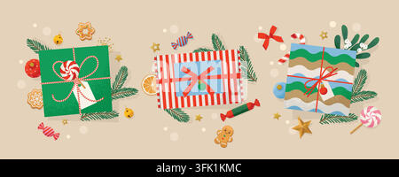 Christmas gifts. DIY craft present boxes in wrapping paper with thread bows and branches. Cute Flat vector illustration Stock Vector
