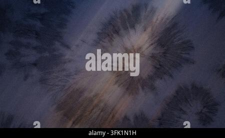 An abstract, dark blue textured background showcasing radial, sunburst-like shapes with a distinct halftone dot pattern and soft lighting. Stock Photo