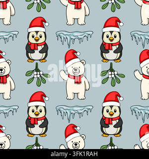 Seamless vector pattern with cute Christmas penguins and polar bears wearing Santa hats and scarves Stock Vector