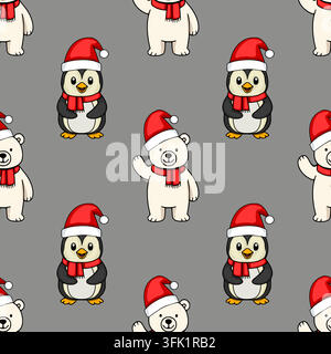 Seamless vector pattern with cute Christmas penguins and polar bears wearing Santa hats and red scarves Stock Vector
