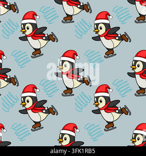 Seamless vector pattern with cute cartoon penguins wearing Santa hats and scarves ice skating on a light blue background Stock Vector