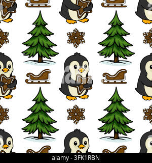 Christmas seamless vector pattern with cute penguins holding gingerbread stars and fir trees Stock Vector