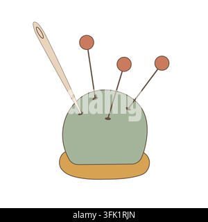 Green round pincushion on a base with a large sewing needle and three straight pins Stock Vector