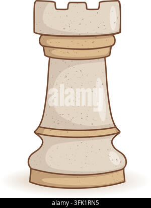 Vintage Chess Rook Piece Single. Textured Grunge Grain Craft Wooden Board Game Standalone Light Tower Figure. Vector Illustration. Isolated on White Stock Vector