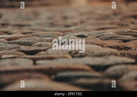 Cobblestone street. This image showcases a detailed view of a cobblestone street. The focus is sharp on the foreground, with a blurred background. Stock Photo