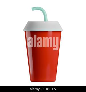 3D fast food banner icon with soda paper cup. Red disposable glass with plastic lid, mint green drinking straw on isolated white background template. Stock Photo