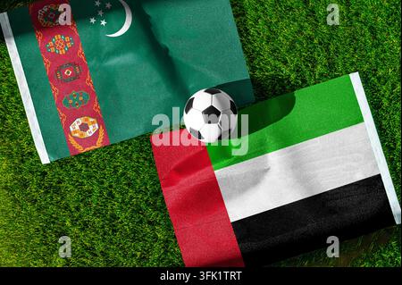 Turkmenistan and United Arab Emirates flags waving on isolated white ...