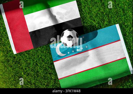 Uzbekistan and United Arab Emirates flags waving on isolated white ...