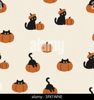 Hand-drawn seamless Halloween pattern featuring playful black cats hiding in orange pumpkins on a warm cream textured background. Stock Photo