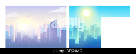 City day and night. Sky morning time, afternoon or evening sun. Daytime building minimal landscape, cityscape in clouds, modern architecture. Horizon backgrounds. Vector flat style illustration set Stock Vector