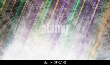 A dynamic abstract background blending a tie-dye fabric texture with bright, diagonal light streaks in purple, green, and yellow hues. Stock Photo