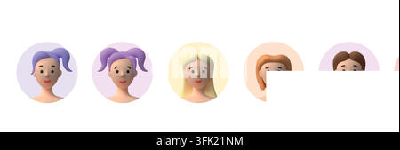 3d woman avatar. Happy user profile, realistic character smile for female girl collection, account identity for social media. Person head with different hairstyle render isolated vector icons set Stock Vector