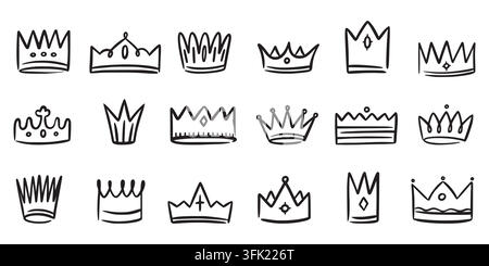 Doodle crown. King or queen tiara sketch style, hand drawn princess graffiti. Royal prince brush logo, jewel silhouette. Minimal shape. Line scribble logotype and emblem set. Vector isolated icons Stock Vector