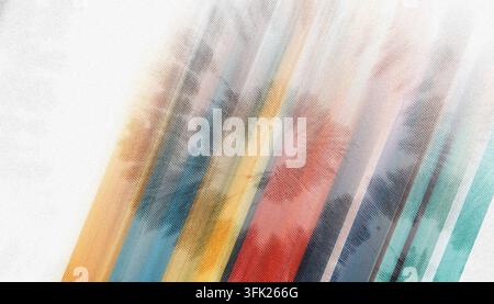 A close-up of a vibrant, multi-colored striped fabric with a textured, woven appearance, isolated on a clean white background. Stock Photo