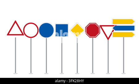 Set of blank empty road signs in the style of Germany mounted on metal posts: warning, prohibition, mandatory, information, priority, stop, yield, dir Stock Vector