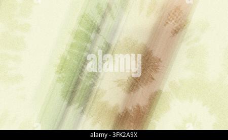 A close-up view of a fabric texture featuring abstract tie-dye patterns with blended streaks of green and brown on a light cream-colored background. Stock Photo