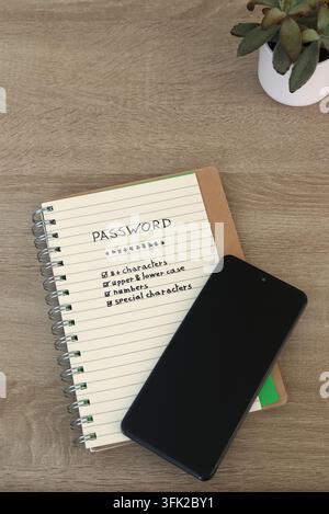 Smartphone with a dark blank screen placed diagonally over a notebook listing password security requirements, on a wooden table next to a small green Stock Photo