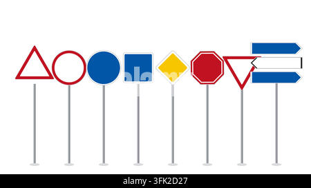 Set of blank empty road signs in the style of Netherlands mounted on metal posts: warning, prohibition, mandatory, information, priority, stop, yield, Stock Vector