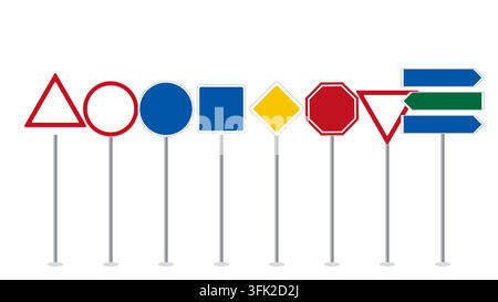 Set of blank empty road signs in the style of Switzerland mounted on metal posts: warning, prohibition, mandatory, information, priority, stop, yield, Stock Vector